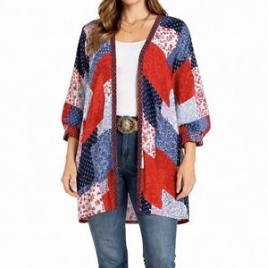 ARIAT Smokestack Kimono Red White Blue Patchwork Boho Western Duster One Size